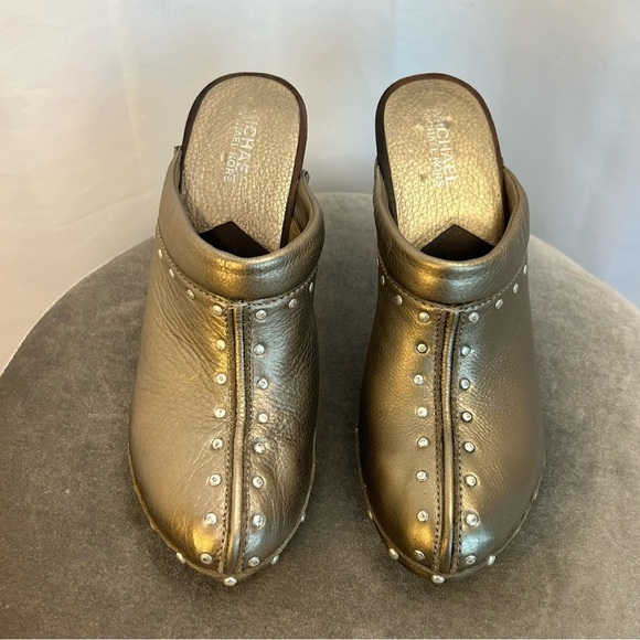 MICHEAL Michael Kors gold bronze metallic studded clog mules wooden heel Sz 8 - Picture 4 of 8